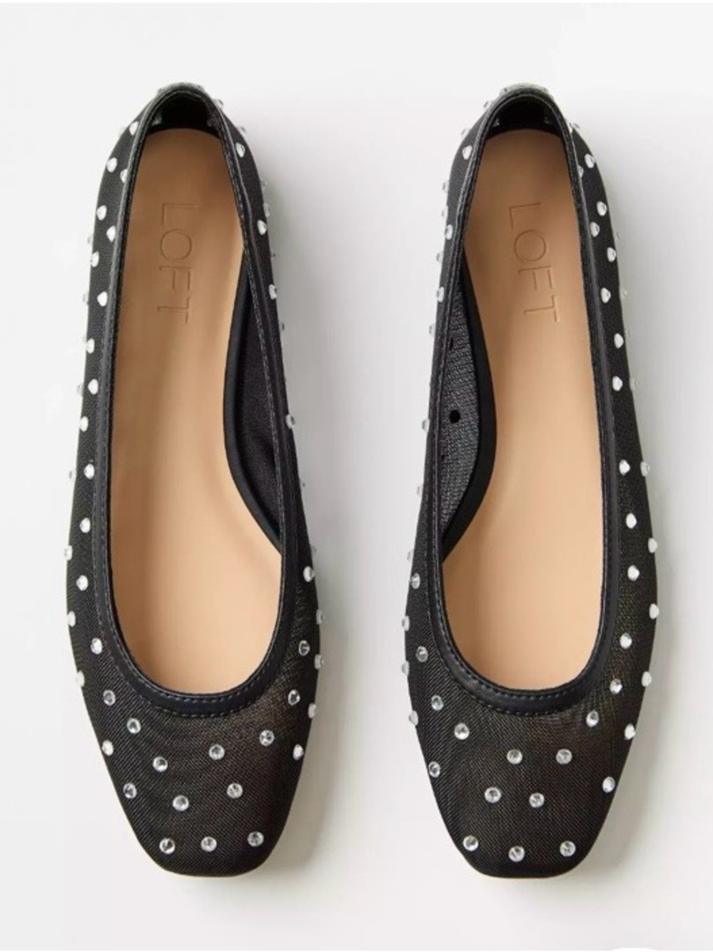 LOFT Black Mesh Ballet Flats with Rhinestone Studs